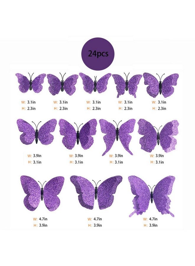 DAGOU 3D Butterfly Wall Decor 24 Pcs 3 Sizes, Gold Butterfly Decorations for Home Decorations Butterfly Party Decorations Room Decorations, Removable Stickers (Purple) - Image 5