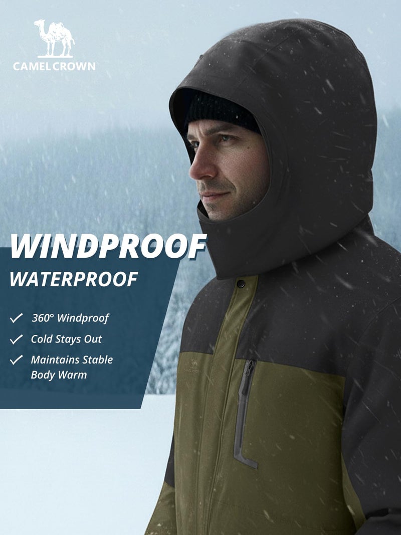 CAMEL CROWN Men's Winter Ski Jacket Mountain Snow Coats Waterproof Detachable Hood Windproof Fleece Rain Jackets Splicing Black M - Image 2