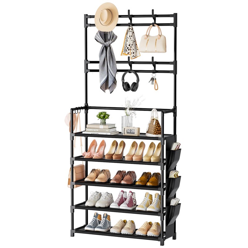 OYREL Shoe Rack 5 Tier Shoe Organizer Storage 15-20 Pairs Shoes Rack for Closet Entrance Shoe Rack Organizer with Hooks and Side Pocket Entryway Shoe Holder Space Saving Free Standing Shoe Racks - Image 1