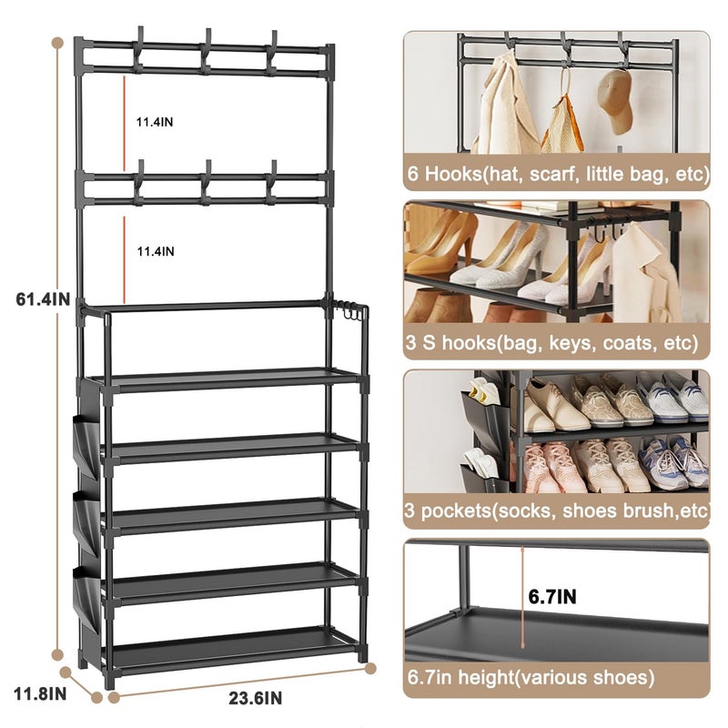 OYREL Shoe Rack 5 Tier Shoe Organizer Storage 15-20 Pairs Shoes Rack for Closet Entrance Shoe Rack Organizer with Hooks and Side Pocket Entryway Shoe Holder Space Saving Free Standing Shoe Racks - Image 3
