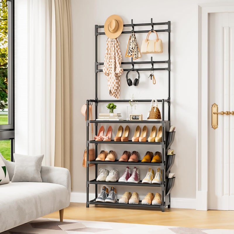 OYREL Shoe Rack 5 Tier Shoe Organizer Storage 15-20 Pairs Shoes Rack for Closet Entrance Shoe Rack Organizer with Hooks and Side Pocket Entryway Shoe Holder Space Saving Free Standing Shoe Racks - Image 2