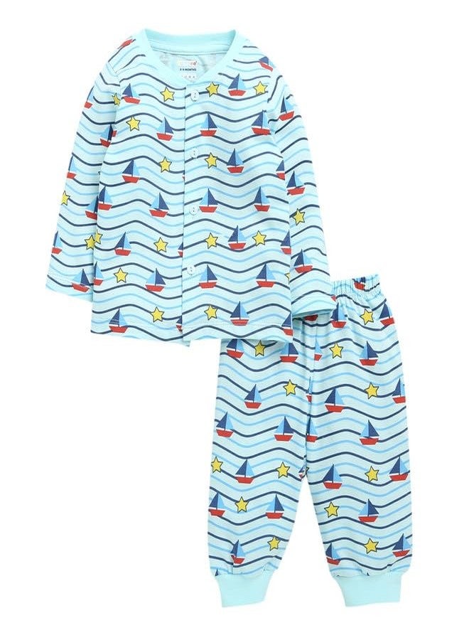 BUMZEE طقم بيجاما وجلبلة قطنية بأكمام طويلة للأولاد من بامزي، لون أزرق سماوي - من 3 إلى 6 أشهر (Peb10114C-sbl) - Image 1