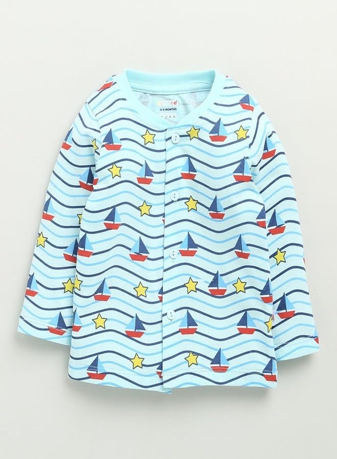 BUMZEE طقم بيجاما وجلبلة قطنية بأكمام طويلة للأولاد من بامزي، لون أزرق سماوي - من 3 إلى 6 أشهر (Peb10114C-sbl) - Image 2