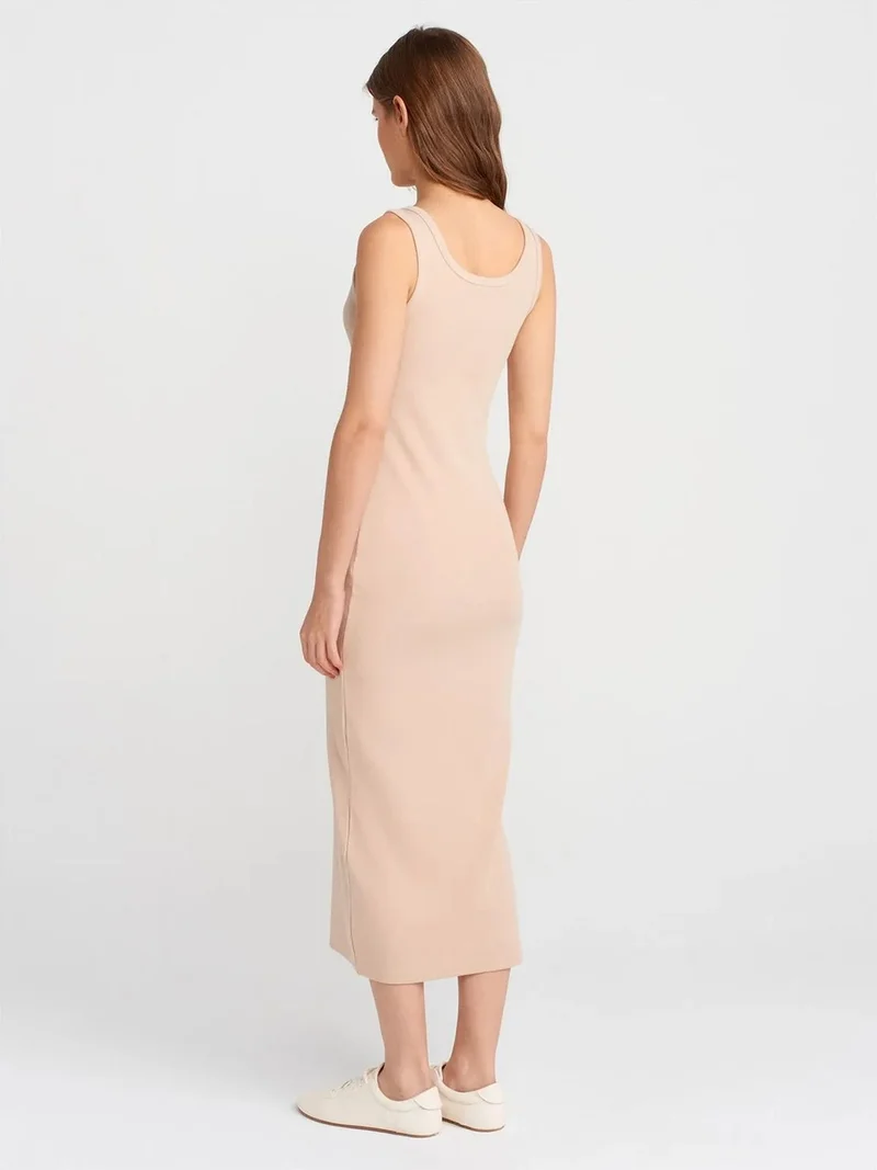 ديلفين Dilvin Ribbed Midi Bodycon Dress With Buttons