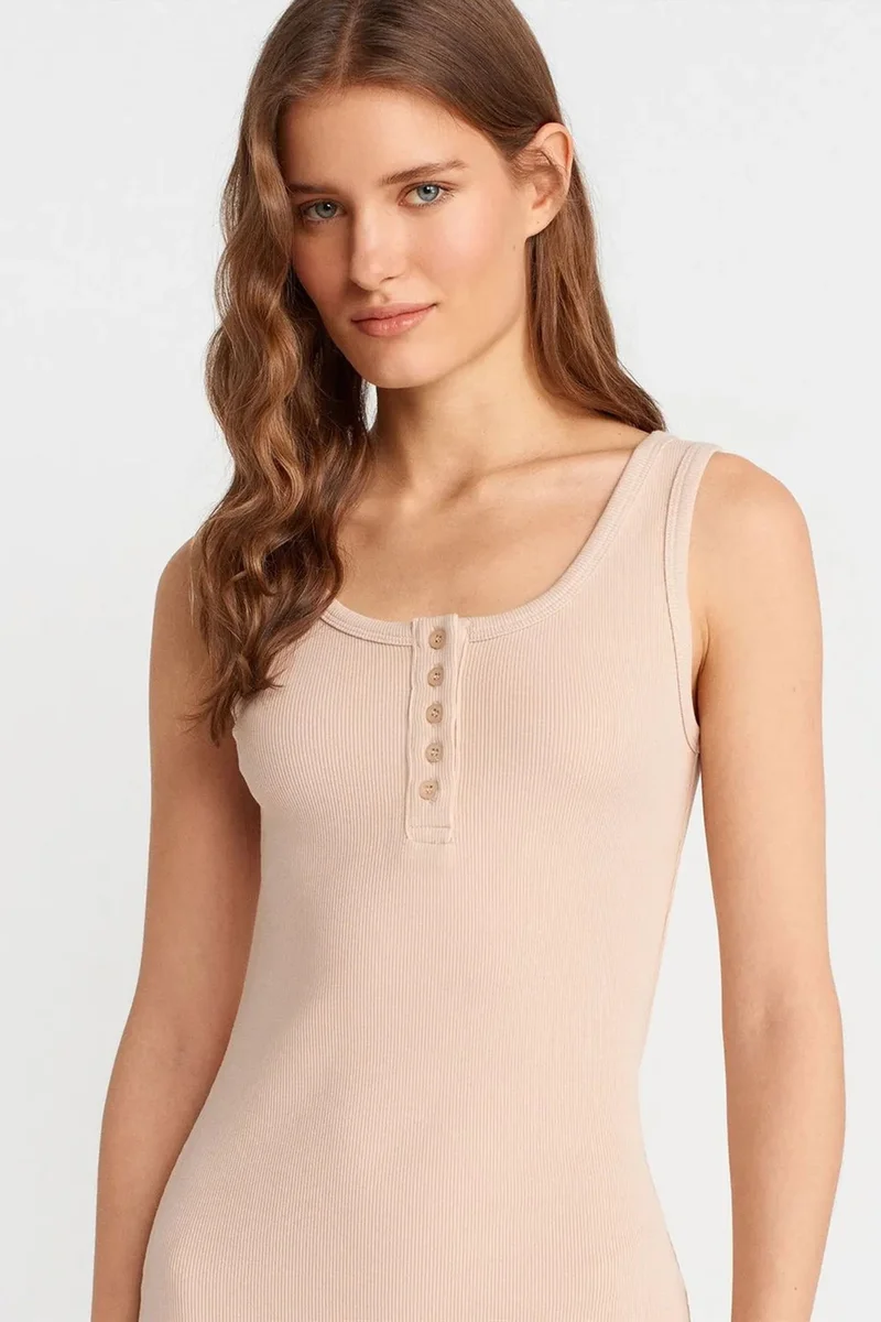 Dilvin Beige Natural DILVIN Ribbed Midi Bodycon Dress With Buttons for Women | Best Price UAE