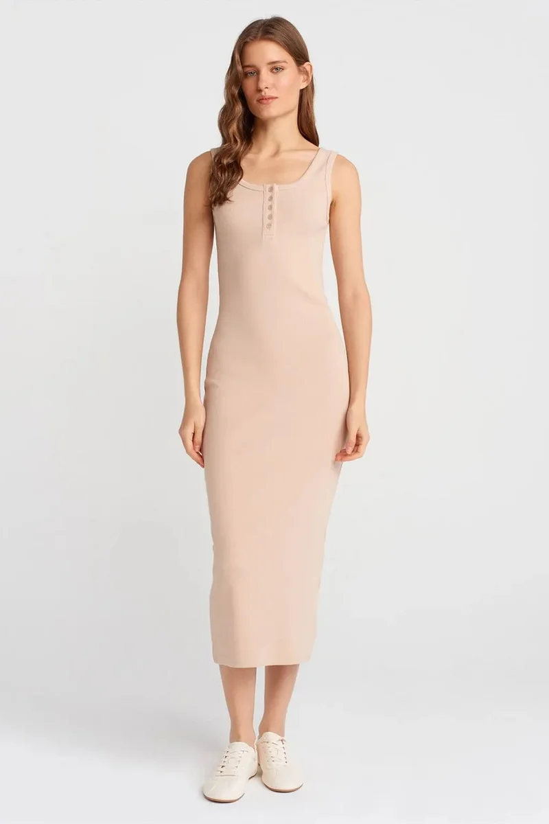 ديلفين DILVIN Ribbed Midi Bodycon Dress With Buttons