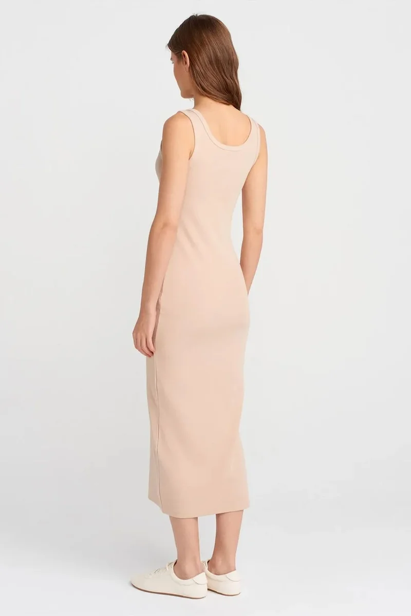 ديلفين DILVIN Ribbed Midi Bodycon Dress With Buttons