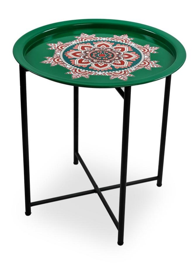 TTTP The Professionals Choice FOLDABLE METAL TABLE CONSISTS OF ROUND TRAY AND BLACK STAND FOR THE LIVING ROOM (DIAMETER 46CM, HEIGHT 51CM) GREEN GEOMETRIC PATTERN COLOR  - Image 1