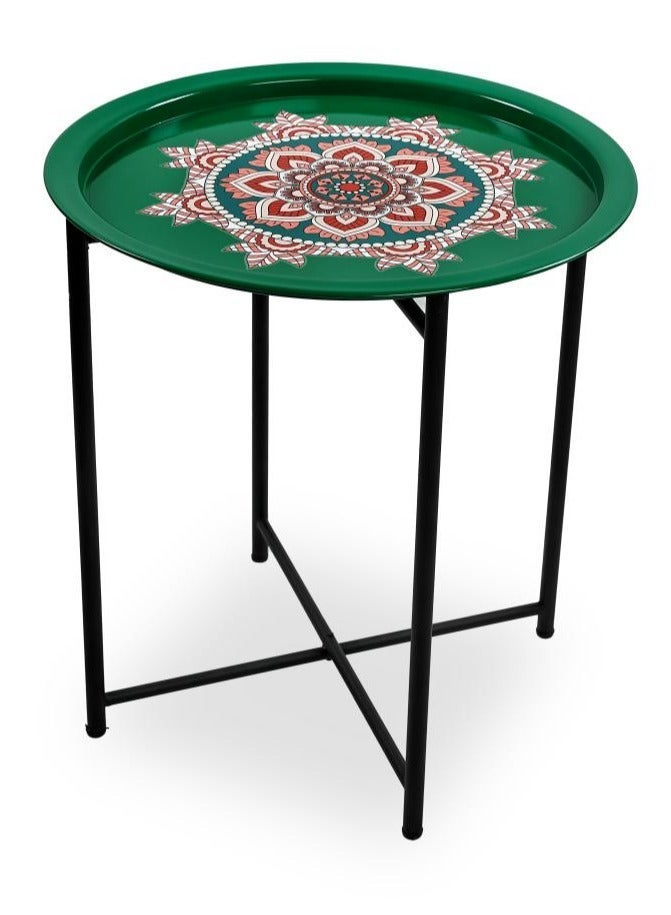 TTTP The Professionals Choice FOLDABLE METAL TABLE CONSISTS OF ROUND TRAY AND BLACK STAND FOR THE LIVING ROOM (DIAMETER 46CM, HEIGHT 51CM) GREEN GEOMETRIC PATTERN COLOR - Image 1