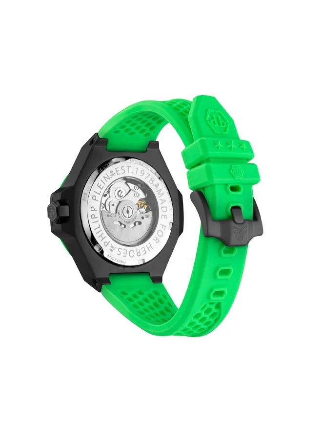 PHILIPP PLEIN PLEIN $KELETON ROYAL Philipp Plein Men’s Watch, Automatic Movement, Rugged Screw-Like Bezel, Vibrant Green Silicone Strap, 44.5mm Stainless Steel Case, 50m Water Resistant