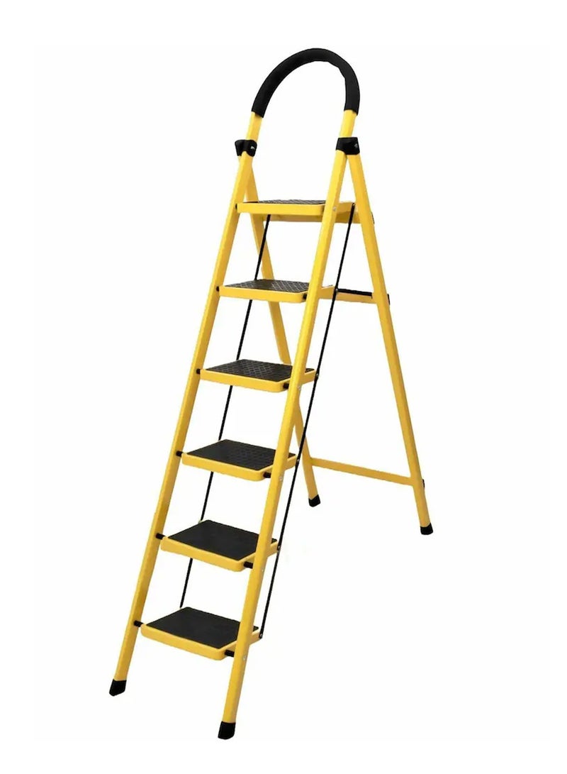AL QADAH Foldable Metal Step Ladder 6 Step Yellow 187x44cm Anti Slip Wide Pedals Safety Lock Tool Tray Tall Utility Ladder for Home Kitchen Garage Warehouse Use  - Image 1