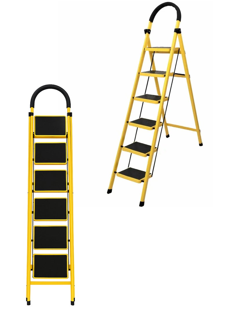 AL QADAH Foldable Metal Step Ladder 6 Step Yellow 187x44cm Anti Slip Wide Pedals Safety Lock Tool Tray Tall Utility Ladder for Home Kitchen Garage Warehouse Use  - Image 4