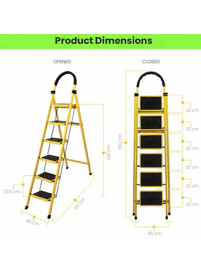 AL QADAH Foldable Metal Step Ladder 6 Step Yellow 187x44cm Anti Slip Wide Pedals Safety Lock Tool Tray Tall Utility Ladder for Home Kitchen Garage Warehouse Use  - Image 5