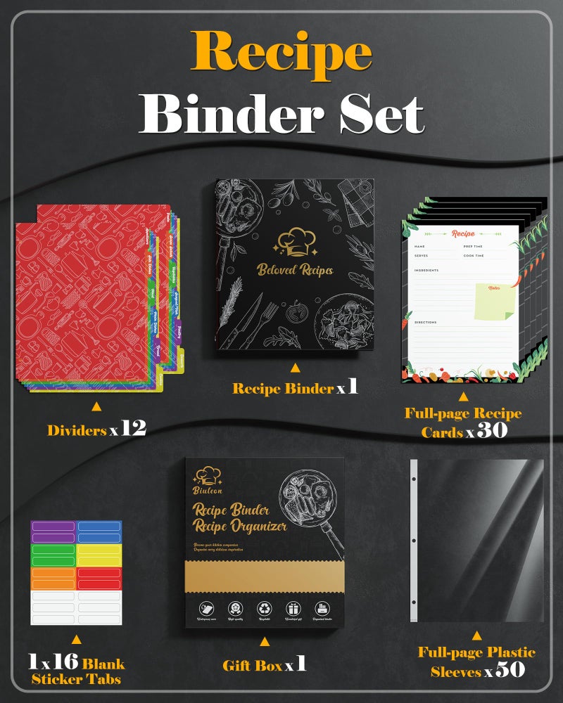BiuLeon Recipe Binder 8.5"x11" 3 Ring Set, Waterproof Full Recipe Book Binder with Plastic Sleeves, Recipes, Dividers & Labels, Blank Recipe Card Book to Write in Your Own Recipes - Image 2