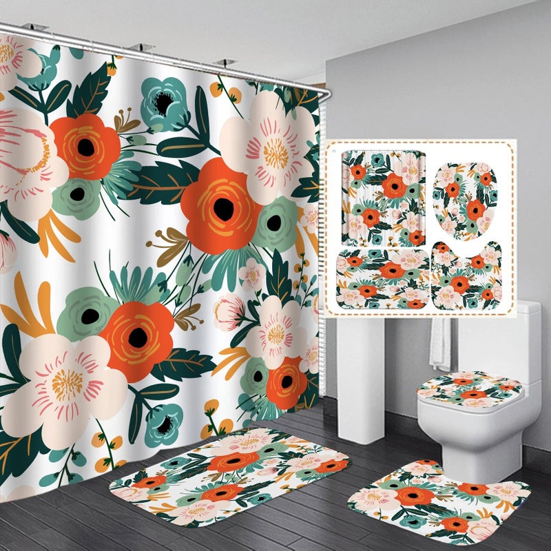 Y&D Modern Bathroom Shower Curtain Waterproof Home 3D Carpet Entrance Doormat 4Pcs Set Toilet Seat Cover Rug Bath Non-Slip Floor Mat - Image 2