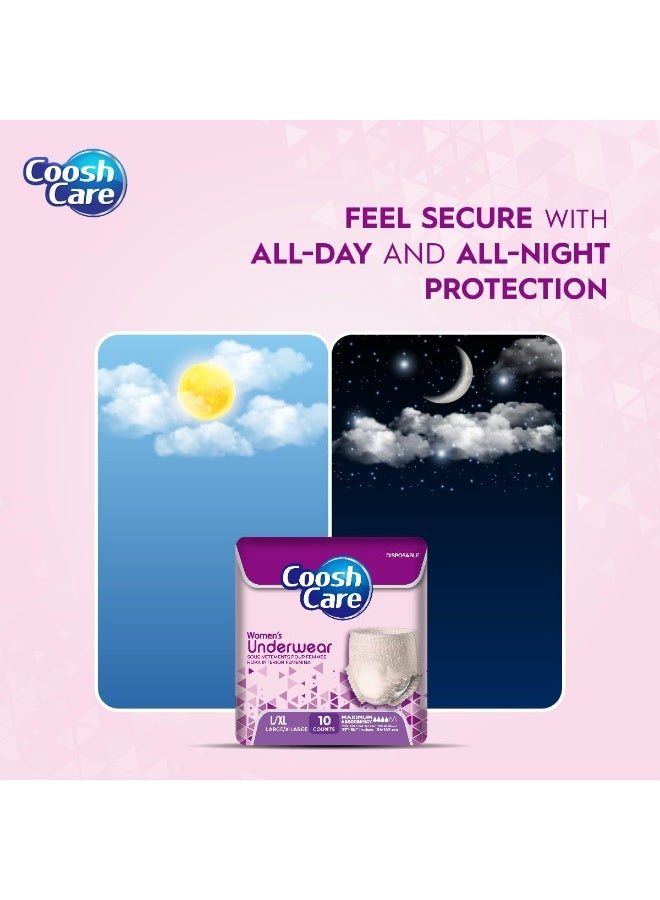 CooshCare سراويل داخلية قابلة للاستخدام مرة واحدة، أقصى امتصاص، سراويل سحب للبالغين (10 قطع)، غطاء ناعم للغاية، حماية ضد التسرب، ملائمة مريحة وآمنة لرعاية سلس البول (نساء - L/XL) - Image 2