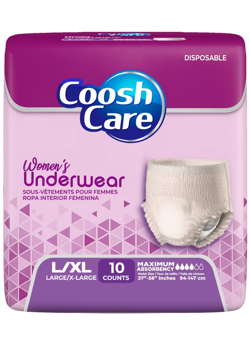 CooshCare سراويل داخلية قابلة للاستخدام مرة واحدة، أقصى امتصاص، سراويل سحب للبالغين (10 قطع)، غطاء ناعم للغاية، حماية ضد التسرب، ملائمة مريحة وآمنة لرعاية سلس البول (نساء - L/XL) - Image 1