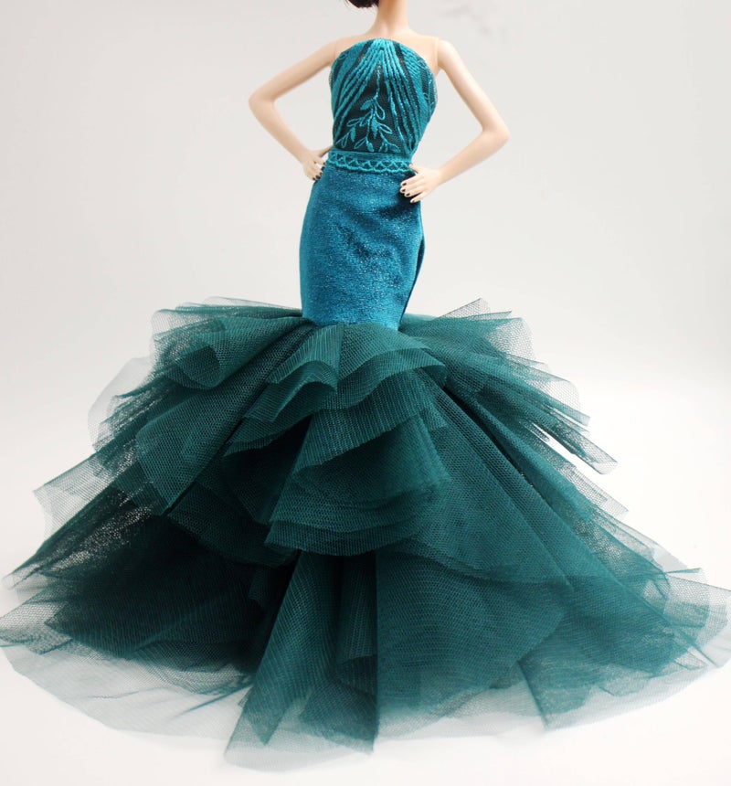 Cora Gu Handmade Cora Gu Classic Emerald Velvet Embroidery Mermaid Dress Wedding Gowns Fit for 12 Fashion Doll and Dolls not Included - Image 3