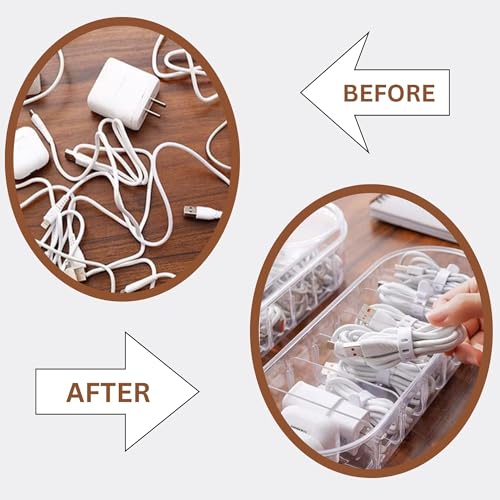 Hian Transparent Rectangular PET Plastic Cable Organizer Box with Lid – 7 Compartment Storage & Wire Management for USB, Data Cables, Small Accessories, Stationery for Home & Office, Pack of 1 - Image 5