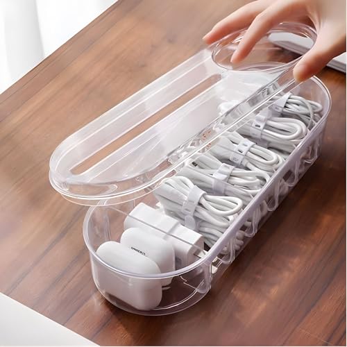 Hian Transparent Rectangular PET Plastic Cable Organizer Box with Lid – 7 Compartment Storage & Wire Management for USB, Data Cables, Small Accessories, Stationery for Home & Office, Pack of 1 - Image 1