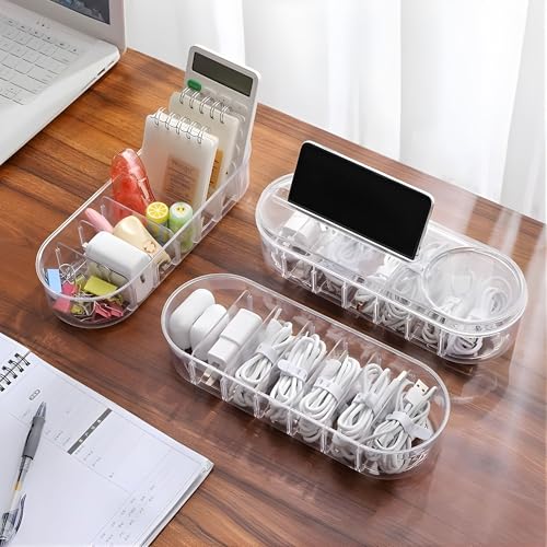 Hian Transparent Rectangular PET Plastic Cable Organizer Box with Lid – 7 Compartment Storage & Wire Management for USB, Data Cables, Small Accessories, Stationery for Home & Office, Pack of 1 - Image 3