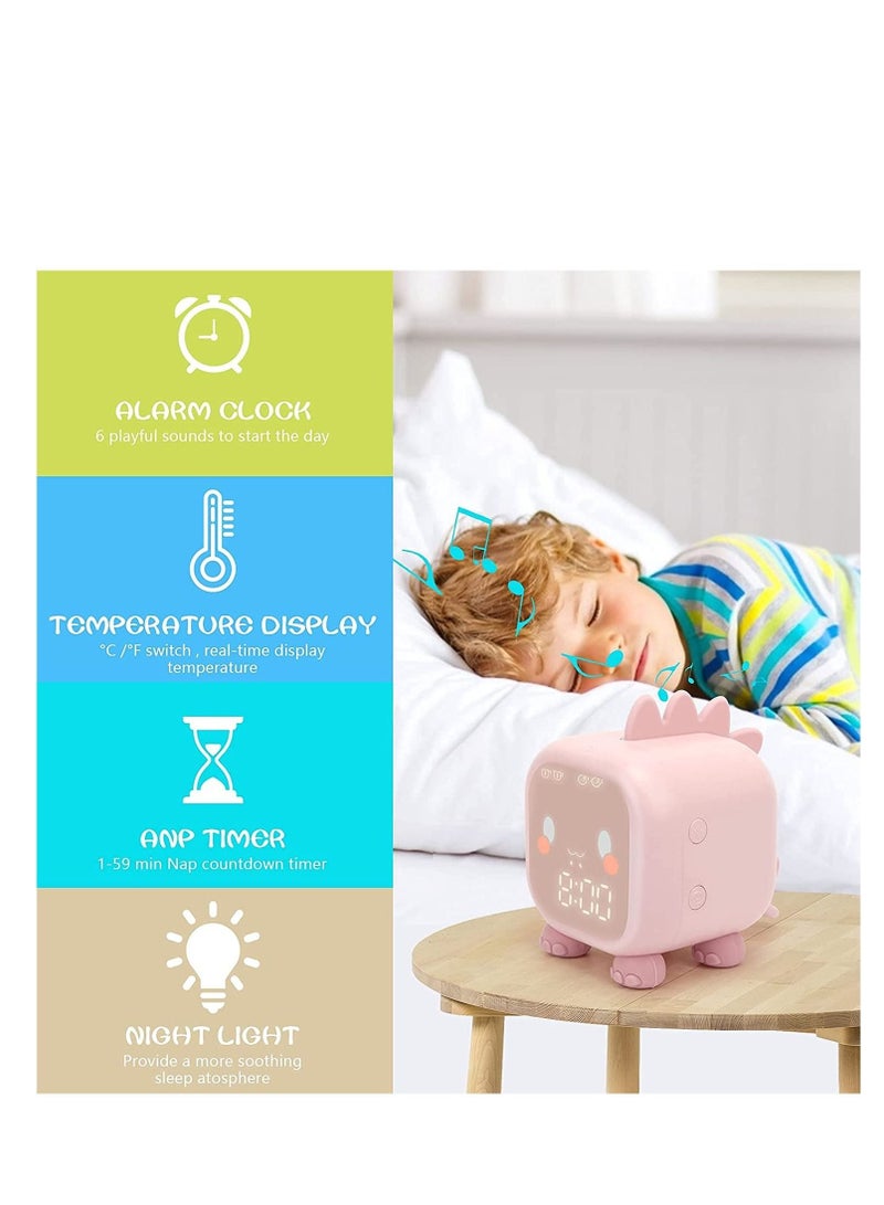 Captaintech Kids Alarm Clock, Digital Alarm Clock for Kids Bedroom, Cute Dinosaur Bedside Clock Children's Sleep Trainier, Wake Up Light & Night Light with USB Alarm Clock for Boys Girls Birthday Gifts (Pink) - Image 2