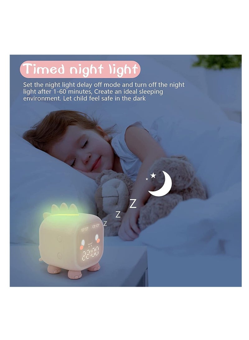 Captaintech Kids Alarm Clock, Digital Alarm Clock for Kids Bedroom, Cute Dinosaur Bedside Clock Children's Sleep Trainier, Wake Up Light & Night Light with USB Alarm Clock for Boys Girls Birthday Gifts (Pink) - Image 3