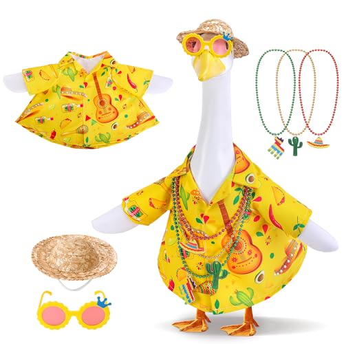 DECOHS 6 Pcs/Set Hawaiian Porch Goose Outfits, Mexican Style Summer Lawn Goose Costume, Garden Goose Clothes Yellow Shirt with Straw Hat Glasses Necklaces for 23" H Statue Outdoor Patio Yard Decor - Image 1