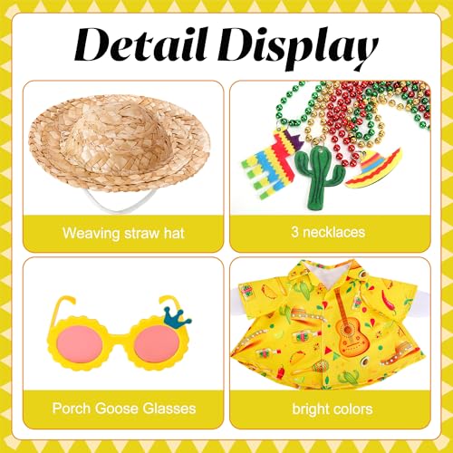 DECOHS 6 Pcs/Set Hawaiian Porch Goose Outfits, Mexican Style Summer Lawn Goose Costume, Garden Goose Clothes Yellow Shirt with Straw Hat Glasses Necklaces for 23" H Statue Outdoor Patio Yard Decor - Image 3
