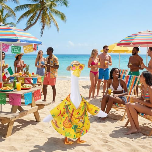 DECOHS 6 Pcs/Set Hawaiian Porch Goose Outfits, Mexican Style Summer Lawn Goose Costume, Garden Goose Clothes Yellow Shirt with Straw Hat Glasses Necklaces for 23" H Statue Outdoor Patio Yard Decor - Image 5