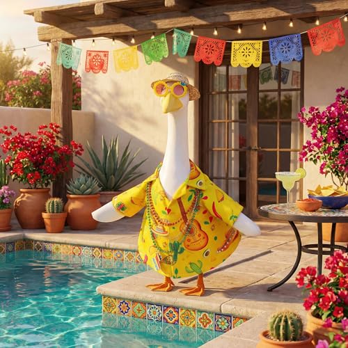 DECOHS 6 Pcs/Set Hawaiian Porch Goose Outfits, Mexican Style Summer Lawn Goose Costume, Garden Goose Clothes Yellow Shirt with Straw Hat Glasses Necklaces for 23" H Statue Outdoor Patio Yard Decor - Image 4