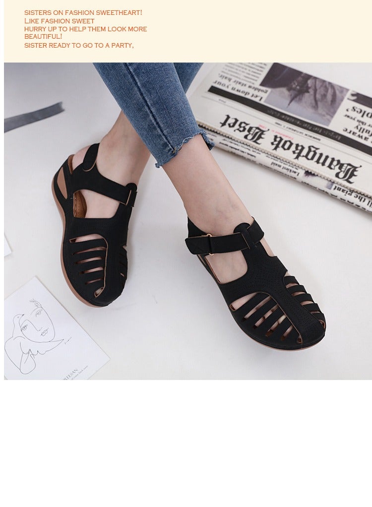 Loquat Retro Summer Sandals Women's Wedge Toe Sandals Black - Image 1