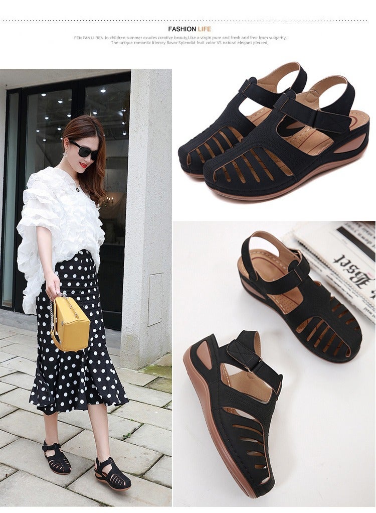 Loquat Retro Summer Sandals Women's Wedge Toe Sandals Black - Image 2