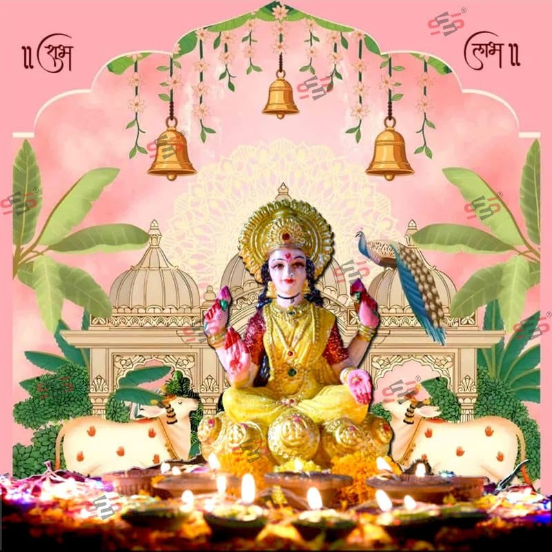 S2S قماش خلفية 3 أجراس لتزيين البوجا التقليدي، قماش تزيين خلفية | قماش ستارة للمهرجانات والفعاليات والمناسبات - (5 × 5 أقدام) (3 أجراس بتصميم بقرة) - Image 3