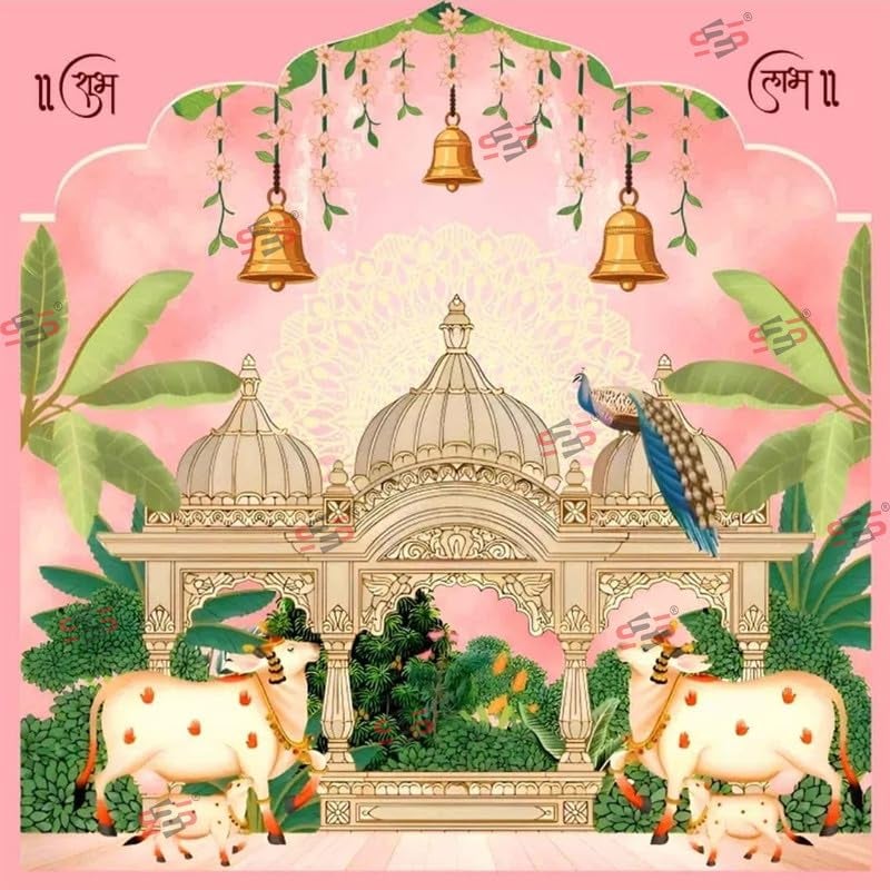 S2S قماش خلفية 3 أجراس لتزيين البوجا التقليدي، قماش تزيين خلفية | قماش ستارة للمهرجانات والفعاليات والمناسبات - (5 × 5 أقدام) (3 أجراس بتصميم بقرة) - Image 2