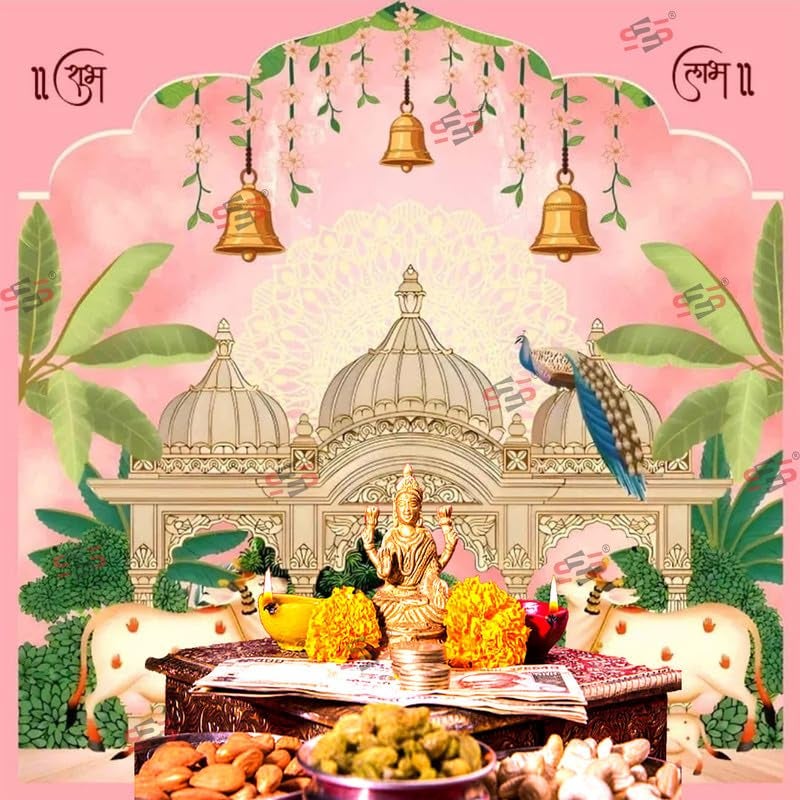 S2S قماش خلفية 3 أجراس لتزيين البوجا التقليدي، قماش تزيين خلفية | قماش ستارة للمهرجانات والفعاليات والمناسبات - (5 × 5 أقدام) (3 أجراس بتصميم بقرة) - Image 4