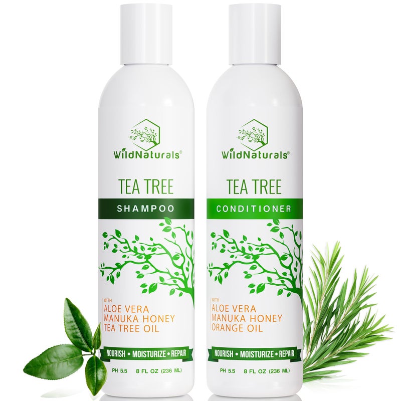 Wild Naturals Tea Tree Oil Shampoo and Conditioner Set - Dry Scalp Treatment for Itchy Relief - Anti-Dandruff Thickening Formulas for Men & Women, All Hair Types - Image 1