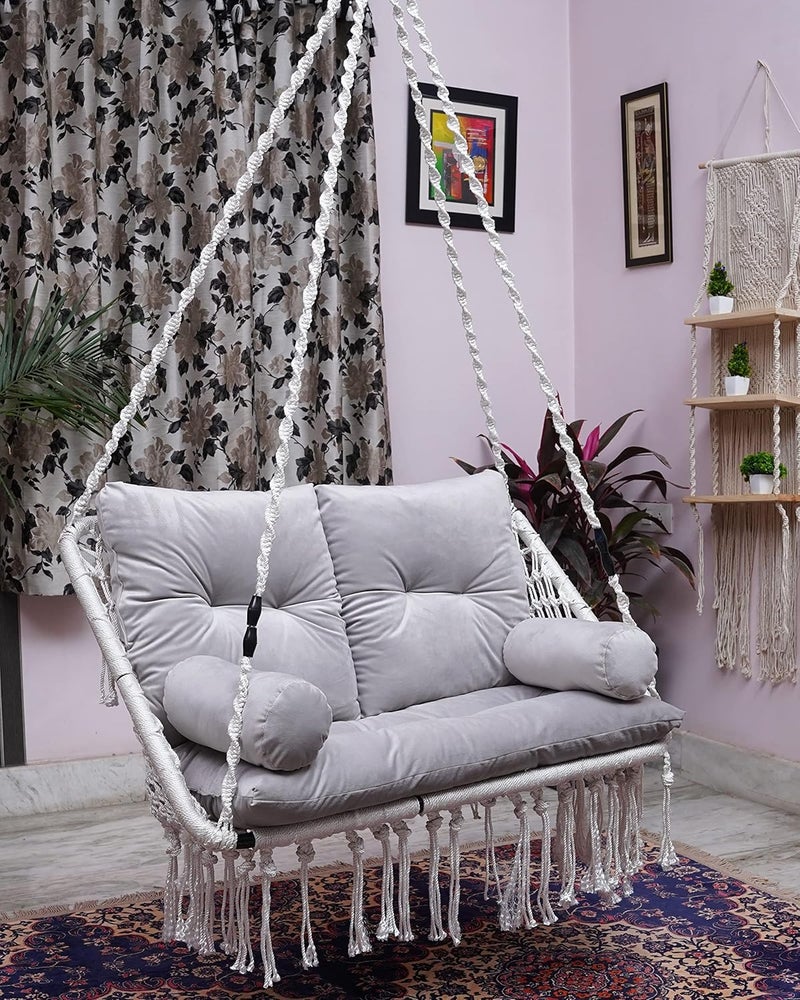 Patiofy Premium Double Seater Swing 2 Seater Swing for BalconyDouble Seater Swing ChairSwing for Adults for Home for 2 PeopleSwing for HomeIncludes Large Grey Full Body Sitting Cushion White