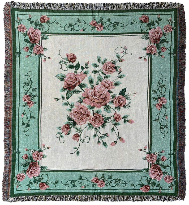 EZ.enjoy EZenjoy Rose Woven Tapestry Throw Blanket Wall Hanging Art Handicrafts Jacquard Multipurpose Soft Travel Mat Outdoor with Fringe Tassels 50 X 60 Inches 