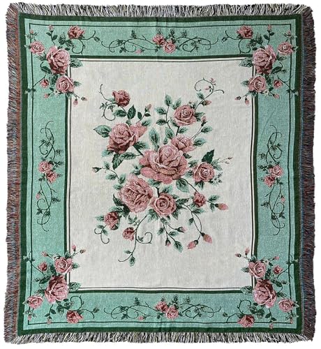 EZenjoy Rose Woven Tapestry Throw Blanket Wall Hanging Art Handicrafts Jacquard Multipurpose Soft Travel Mat Outdoor with Fringe Tassels 50 X 60 Inches
