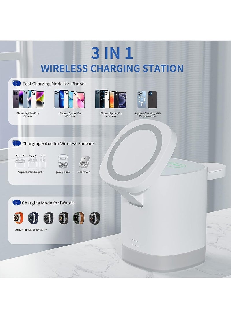 Generic - Wireless Charger Folding 3 in 1 Magnetic Fast Charging Station with Lamp for Apple Model T15 Whitee - Image 1