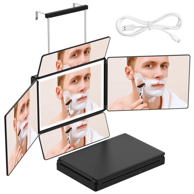 5 WAY MIRROR 360 MIRROR FOR SELF HAIR CUTTING AND BRADING HAIR CLEAR ANTIFOG HD GLASS USB RECHARGEABLE PORTABLE HEIGHT ADJUSTABLE TELESCOPING HOOKS