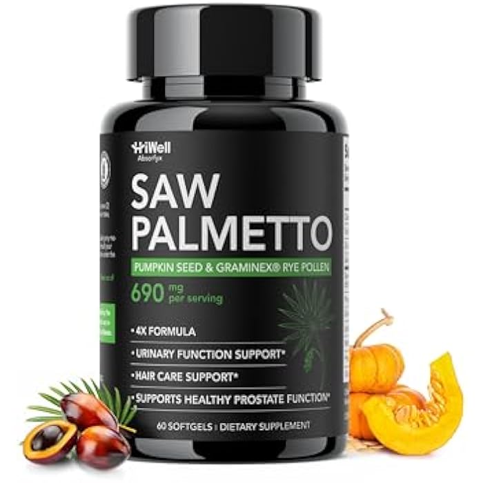 HiWell Absorfyx Saw Palmetto for Men Prostate Health Supplement, Pharmaceutical Grade - Pumpkin Seed Oil - Graminex - Nettle Supports Urinary Function & Hair Loss Prevention,DHT Blocker, 60 softgels - Image 1