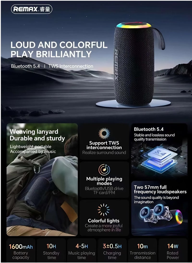 REMAX Bluetooth 5.4 Portable Speaker with TWS, Colorful Lights, 1600mAh Battery, and 14W Powerful Speaker - Black  - Image 2