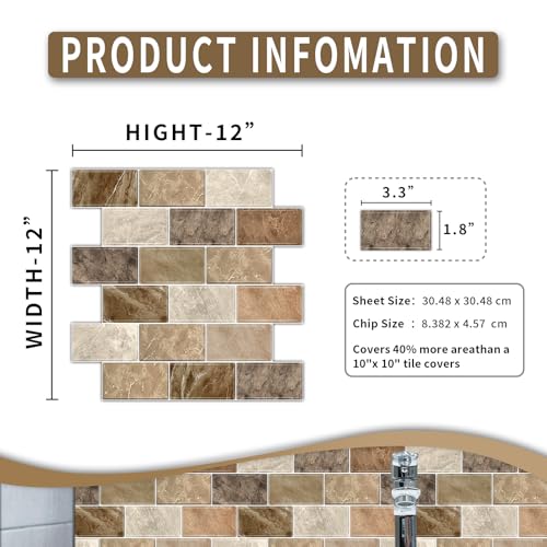BSABSAQAA 10 Sheets Peel and Stick Backsplash for Kitchen 12"X12" Renter Friendly Backsplash Back Splash Adhesive Subway Wall Tile Flat Vinyl Sticker for Bathroom Brown Marble (Not 3D Tile) - Image 2