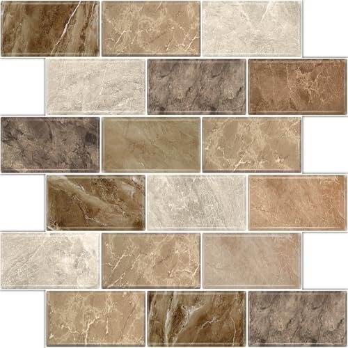 BSABSAQAA 10 Sheets Peel and Stick Backsplash for Kitchen 12"X12" Renter Friendly Backsplash Back Splash Adhesive Subway Wall Tile Flat Vinyl Sticker for Bathroom Brown Marble (Not 3D Tile) - Image 1