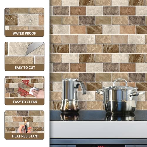 BSABSAQAA 10 Sheets Peel and Stick Backsplash for Kitchen 12"X12" Renter Friendly Backsplash Back Splash Adhesive Subway Wall Tile Flat Vinyl Sticker for Bathroom Brown Marble (Not 3D Tile) - Image 5