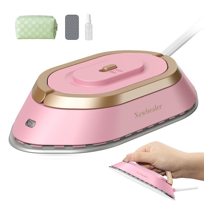 TRAVEL IRON MINI IRON WITH DUAL VOLTAGE220V120V FOR CLOTHES COMPACT IRON WITH SMALL POUCH FOR GLOBAL TRAVEL QUILTING SEWING PINK
