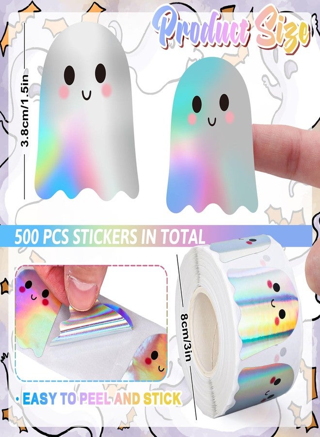 Whaline Halloween Ghost Stickers Roll Bulk Holographic Cute Boo Ghost Iridescent Waterproof Self-Adhesive Sticker Decals for Envelope Journal Decor Party Supplies, 500Pcs - Image 2