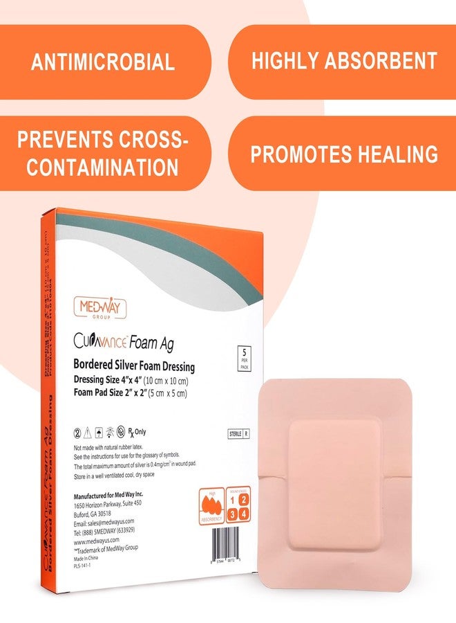 MedVance Bordered Silver Foam Ag Sterile Highly Absorbent Dressing, 4"x 4" (2"x 2" Pad), 5 dressings/Box, 5 Count (Pack of 1) - Image 2